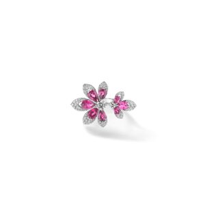 18K White Gold Tiare' Pavé Diamond And Rubellite Flower Ring