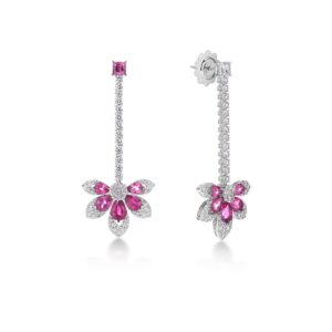 18K White Gold Tiare' Diamond And Rubellite Dangle Earrings