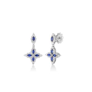 18K Blue Sapphire Diamond Princess Tapered Flower Drop Earrings