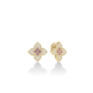 18K Yellow Gold Venetian Princess Carnival Pavé Diamond And Rubellite Flower Stud Earrings