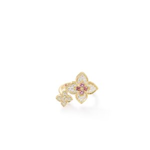 18K Yellow Gold Venetian Princess Carnival Diamond And Rubellite Double Flower Ring