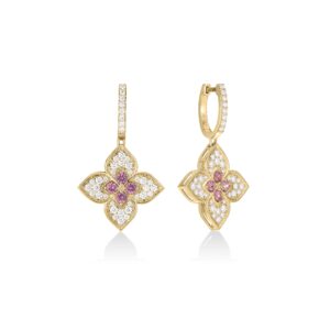 18K Yellow Gold Venetian Princess Carnival Diamond And Rubellite Flower Drop Earrings