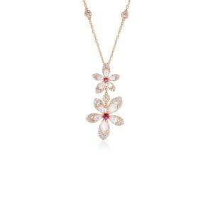18K Rose Gold Tiare' Diamond, Mother Of Pearl, Rubellite Double Flower Necklace