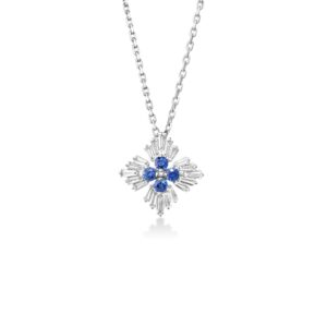 18K White Gold Diamond Princess Flower Gemstone Necklace