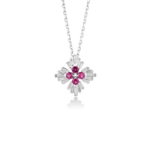 18K White Gold Diamond Princess Flower Gemstone Necklace