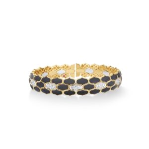 18K Yellow Gold Cobra Diamond And Enamel Wide Cuff Bangle