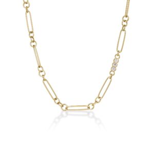 18K Yellow Gold Designer Gold Alternating Link And Diamond Accent Chain Necklace
