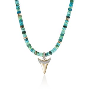 Sharktooth Heishi Necklace, Gold, Hardstones, Diamonds