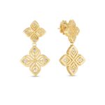 18K Yellow Gold Arabesque Double Diamond Flower Dangle Earrings
