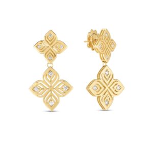 18K Yellow Gold Arabesque Double Diamond Flower Dangle Earrings