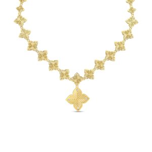 18K Yellow Gold Arabesque Diamond Flower Chain Necklace