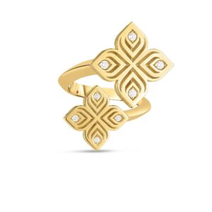 18K Yellow Gold Arabesque Diamond Flowers Bypass Ring