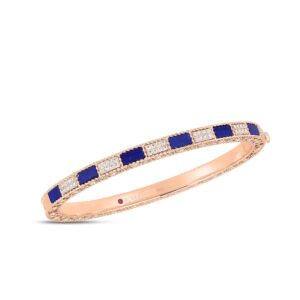 18K Rose Gold Art Deco Mosaic Alternating Blue Lapis And Diamond Bangle