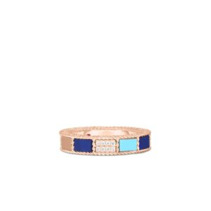 18K Rose Gold Art Deco Mosaic Alternating Blue Lapis, Diamond, And Turquoise Ring