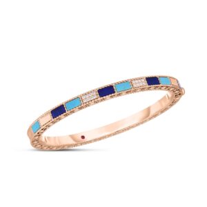 18K Rose Gold Art Deco Mosaic Alternating Lapis, Diamond, And Turquoise Bangle