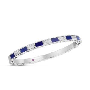 18K White Gold Art Deco Mosaic Alternating Blue Lapis And Diamond Bangle