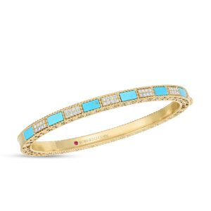 18K Yellow Gold Art Deco Mosaic Alternating Diamond And Turquoise Bangle