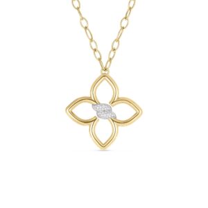 18K Yellow Gold Cialoma Large Diamond Flower Almond Link Long Necklace