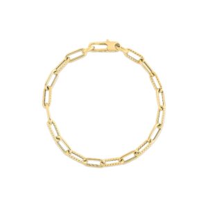 18K Yellow Gold Designer Gold Alternating Polished And Fluted Paperclip Link Chain Bracelet