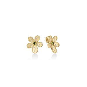 18K Yellow Gold Jasmine Diamond And Green Tourmaline Flower Stud Earrings