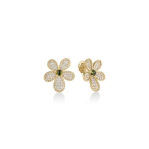 18K Yellow Gold Jasmine Pavé Diamond And Green Tourmaline Flower Stud Earrings