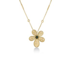 18K Yellow Gold Jasmine Diamond And Green Tourmaline Flower Necklace