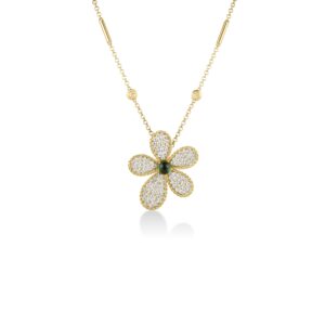 18K Yellow Gold Jasmine Pavé Diamond And Green Tourmaline Flower Necklace