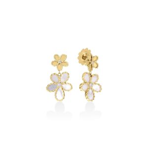18K Yellow Gold Jasmine Diamond And Mother Of Pearl Double Flower Dangle Earrings
