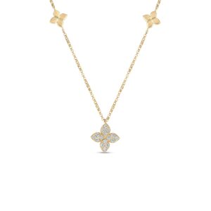 18K White Gold Love In Verona Diamond And Polished Flower Station Necklace