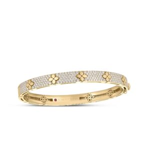 18K Yellow Gold Love In Verona Pavé Diamond And Polished Flower Bangle