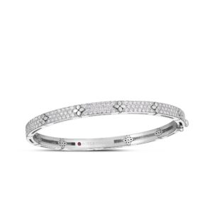 18K White Gold Love In Verona Pavé Diamond And Polished Flower Bangle