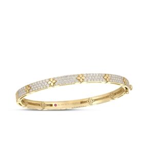 18K Yellow Gold Love In Verona Pavé Diamond And Polished Flower Bangle
