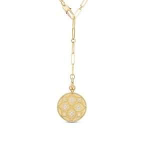 18K Yellow Gold Venetian Princess Large Satin Medallion With Diamond Flower Detail Necklace