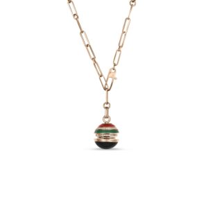 18K Rose Gold Art Deco Mosaic Black Jade, Diamond, Malachite, And Red Agate Sphere Necklace
