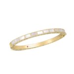 18K Yellow Gold Art Deco Mosaic Diamond Accent And Mother Of Pearl Bangle