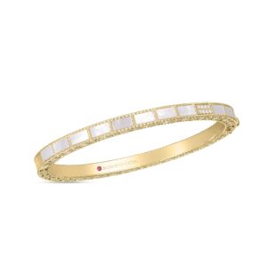 18K Yellow Gold Art Deco Mosaic Diamond Accent And Mother Of Pearl Bangle