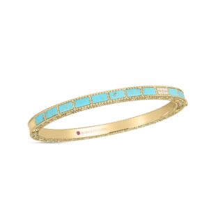 18K Yellow Gold Art Deco Mosaic Diamond Accent And Turquoise Bangle