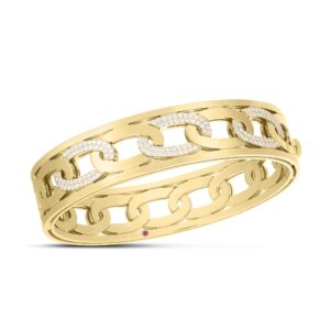 18K Yellow Gold Navarra Alternating Diamond Link Wide Bangle