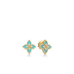 18K Yellow Gold Venetian Princess Diamond And Enamel Flower Stud Earrings