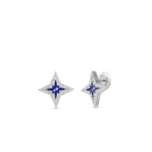18K White Gold Stardust Small Pavé Diamond And Blue Ceramic Star Stud Earrings