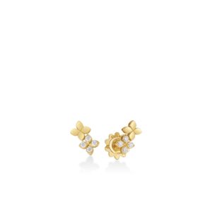 18K Yellow Gold Love In Verona Diamond And Polished Finish Double Flower Stud Earrings