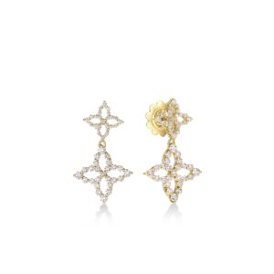 18K Yellow Gold Diamond Princess Outline Tapered Flower Drop Earrings