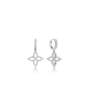 18K White Gold Diamond Princess Outline Small Tapered Flower Drop Earrings