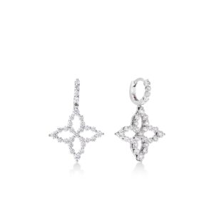 18K White Gold Diamond Princess Outline Large Tapered Flower Drop Earrings