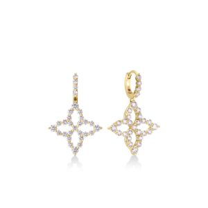 18K Yellow Gold Diamond Princess Outline Large Tapered Flower Drop Earrings