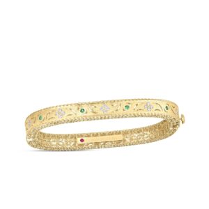 18K Yellow Gold Princess Diamond And Emerald Satin Finish Bangle