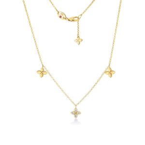 18K Yellow Gold Love In Verona Diamond And Polished Flower Station Dangle Necklace