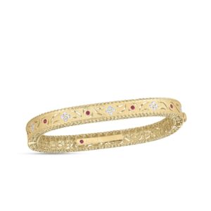 18K Yellow Gold Princess Diamond And Ruby Satin Finish Bangle