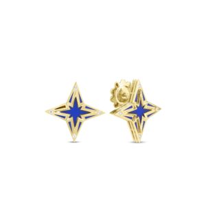 18K Yellow Gold Stardust Small Diamond And Blue Ceramic Star Stud Earrings