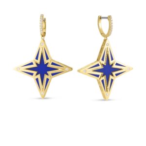 18K Yellow Gold Stardust Diamond And Blue Ceramic Star Drop Earrings